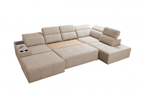 Detail of Mindy VI corner sofa's adjustable headrest mechanism for personalized comfort.