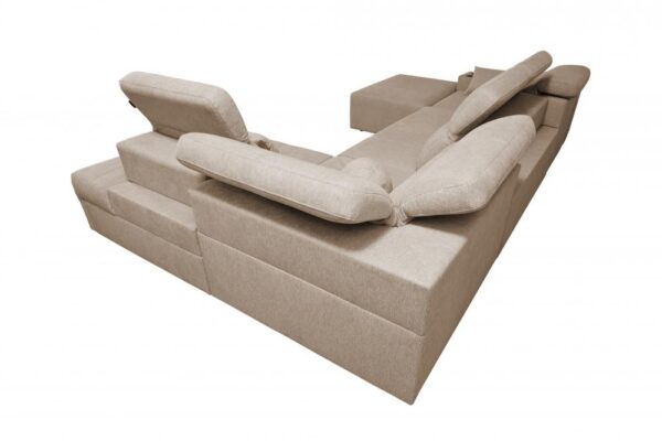 Close-up of Mindy VI sofa's integrated cup holders and USB charging port.