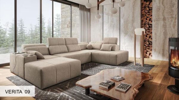 Mindy VI corner sofa in a modern setting, showcasing its elegant fabric upholstery.