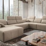 Mindy VIII corner sofa in elegant fabric with adjustable headrests