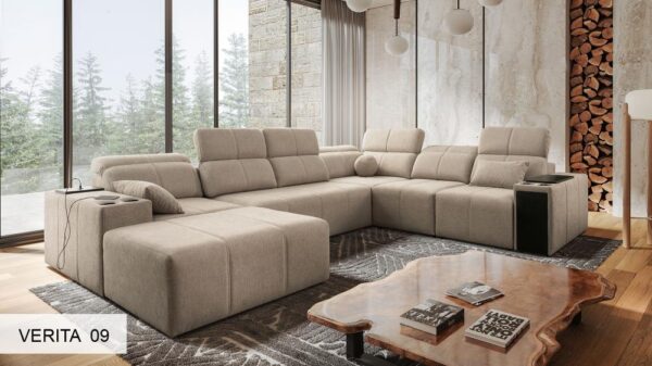 Mindy VIII corner sofa in elegant fabric with adjustable headrests