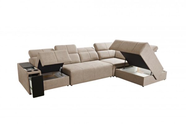 Mindy XI sofa in neutral fabric, showcasing functional features