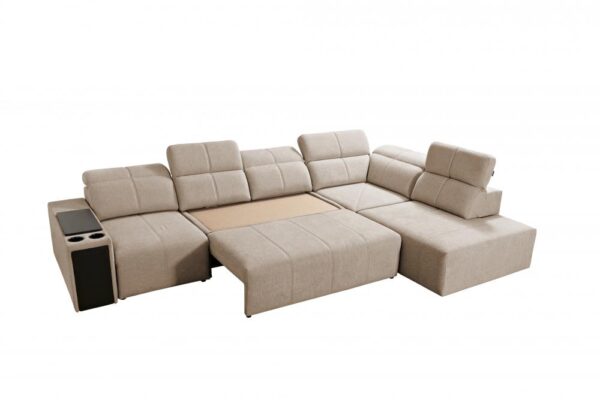 Close-up of Mindy XI corner sofa's integrated cup holder and armrest