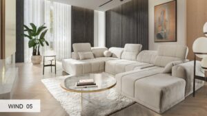 RAVELLO VI modern corner sofa with adjustable headrests in a contemporary living room.