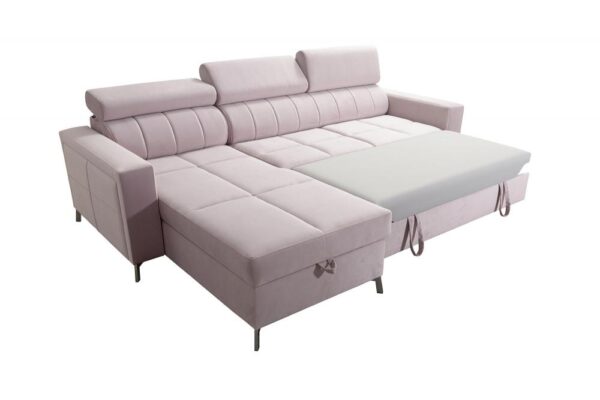 SIDE I MINI corner sofa's bedding storage opened, demonstrating functionality