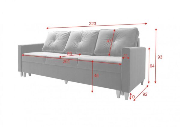 Top-down view of the Bragi sofa bed, showing overall dimensions