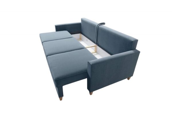 Bragi sofa bed with integrated bedding storage container, open view