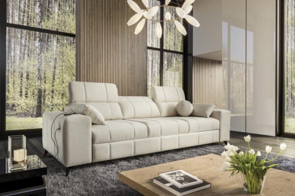 DAFNE modern fabric sofa, front view with adjustable headrests