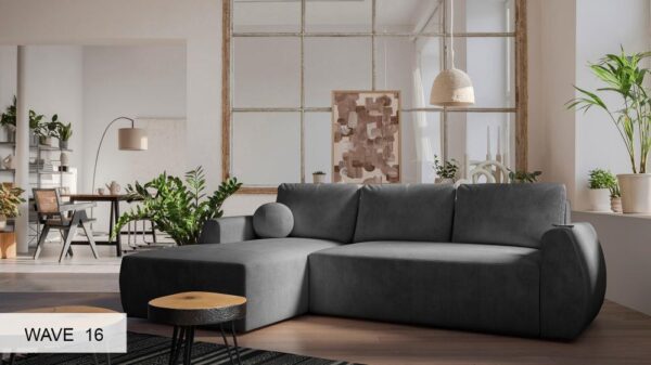 COLIN corner sofa bedding storage open, showing interior capacity