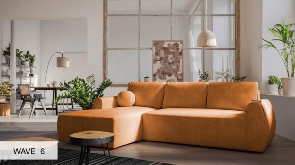 COLIN sofa with two decorative cushions, different fabric texture