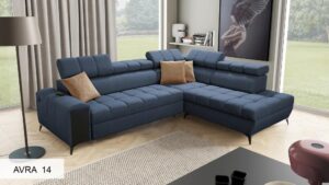 Greco VII sofa with a classic black wooden shelf, offering a traditional look.