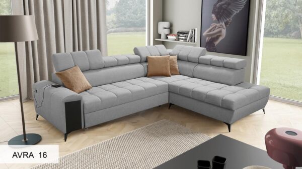 White wooden shelf option integrated into the Greco VII corner sofa design.