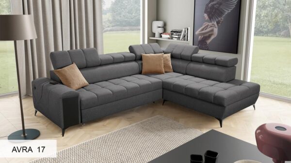 Greco VII sofa featuring a natural beech wooden shelf, adding warmth.