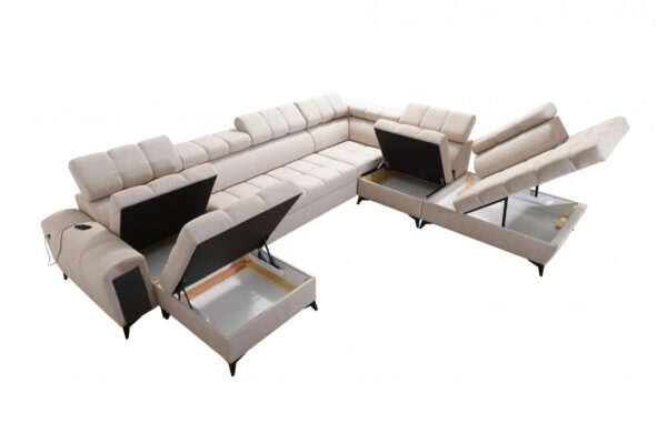Detail of GRECO X corner sofa's integrated storage and bar