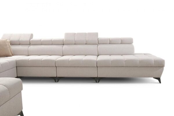GRECO XIII corner sofa showcasing different shelf finishes in wood and laminate