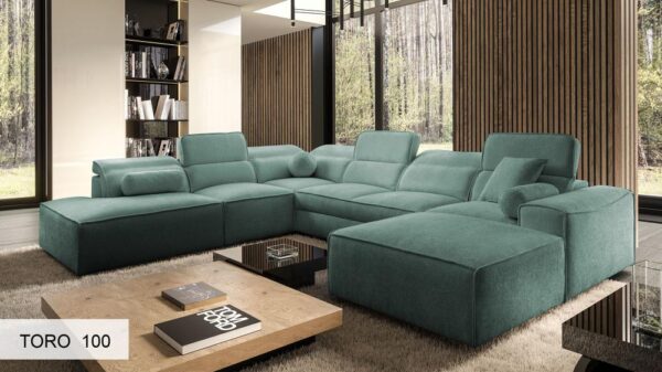 VITO X sofa, detailed view of armrest and adjustable headrest.