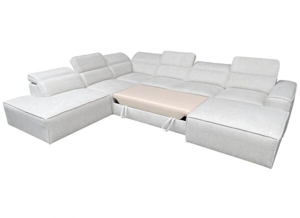 VITO X sofa detail, adjustable headrest up, fabric texture.