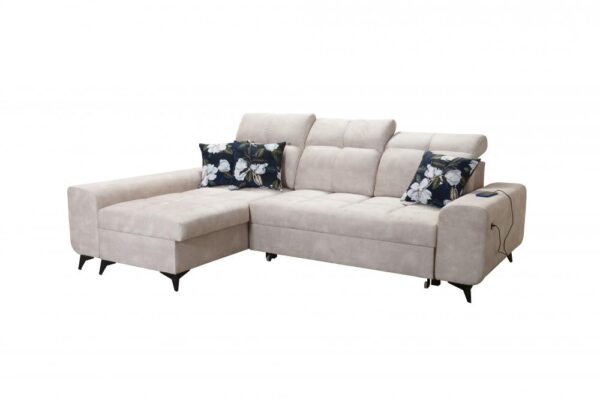 Close-up of GOLDEN I corner sofa adjustable headrest and fabric texture