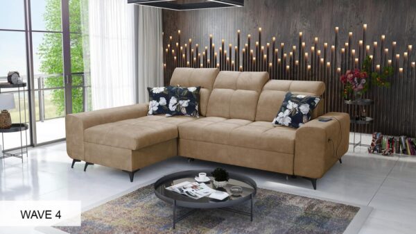 Example of GOLDEN I corner sofa with gold metal front legs, luxurious detail