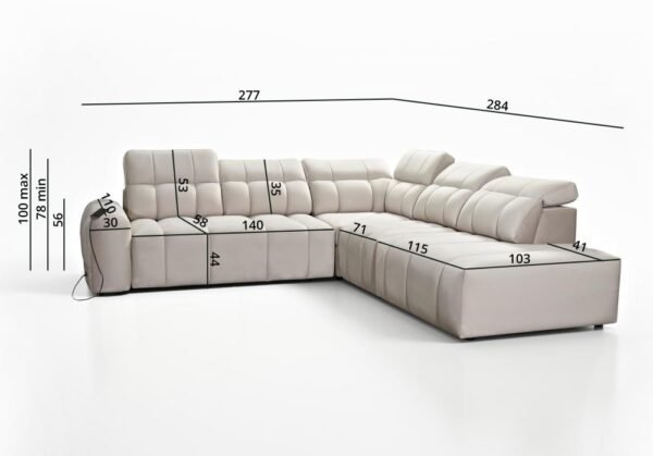 AVELIO IX corner sofa detailed dimensions diagram.