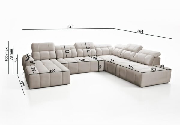 Technical diagram illustrating the precise dimensions of the AVELIO X corner sofa.