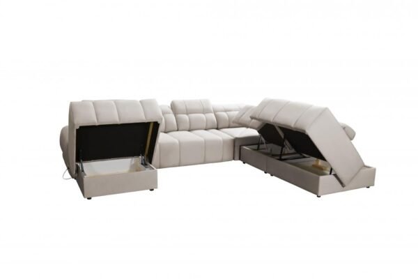 Close-up of the AVELIO X sofa's adjustable headrest mechanism.