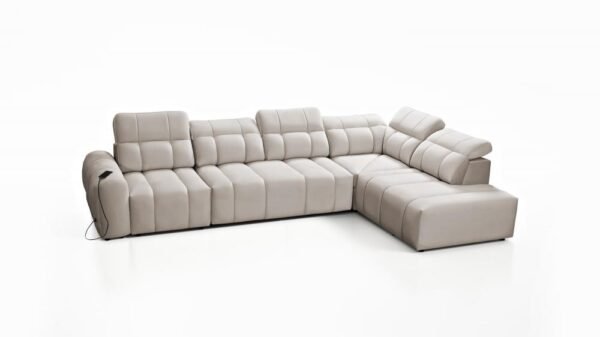Close-up of AVELIO XI corner sofa's adjustable headrest and fabric texture